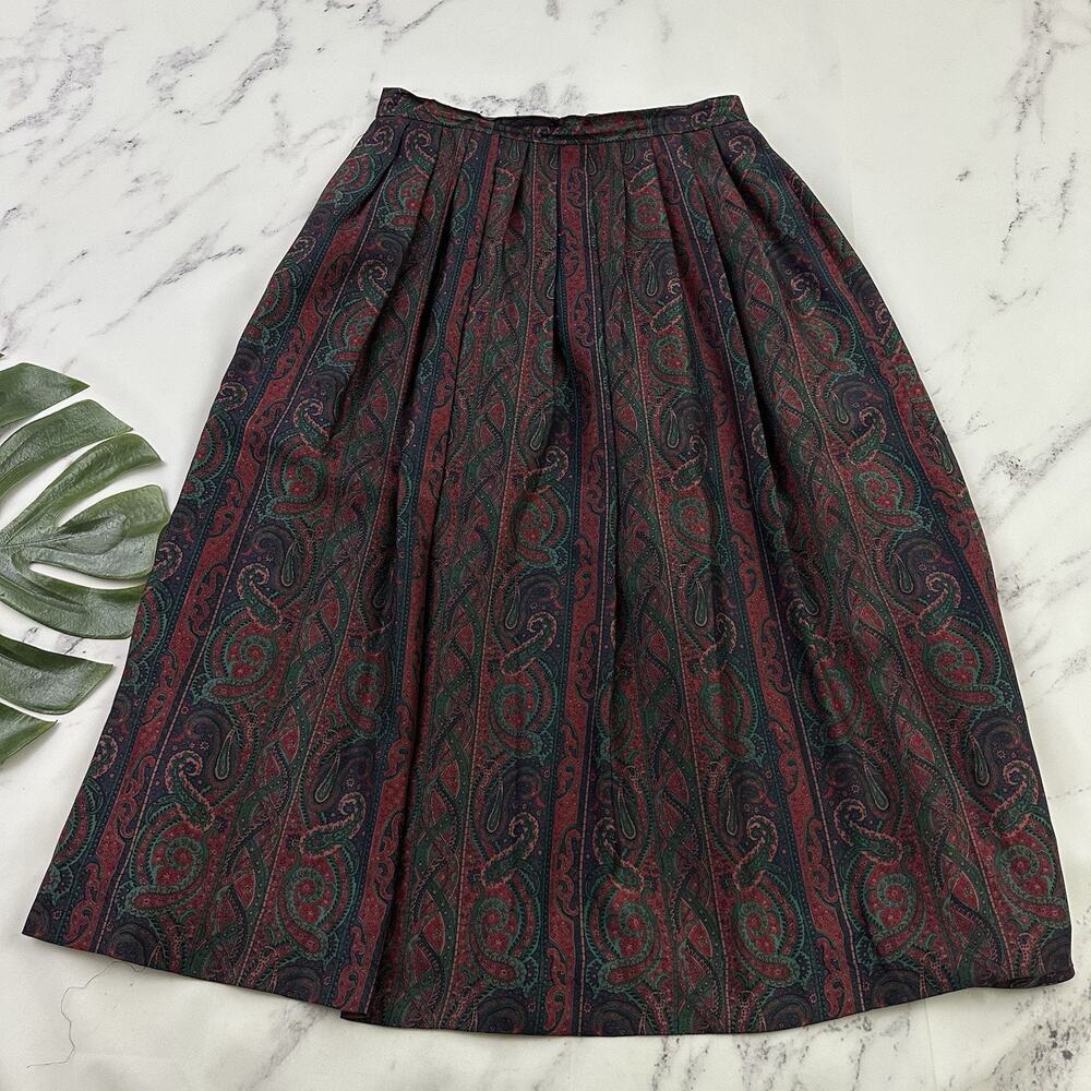 Patrick James Womens Vintage 80s Pleated Midi Skirt Size 12 Red Green Paisley